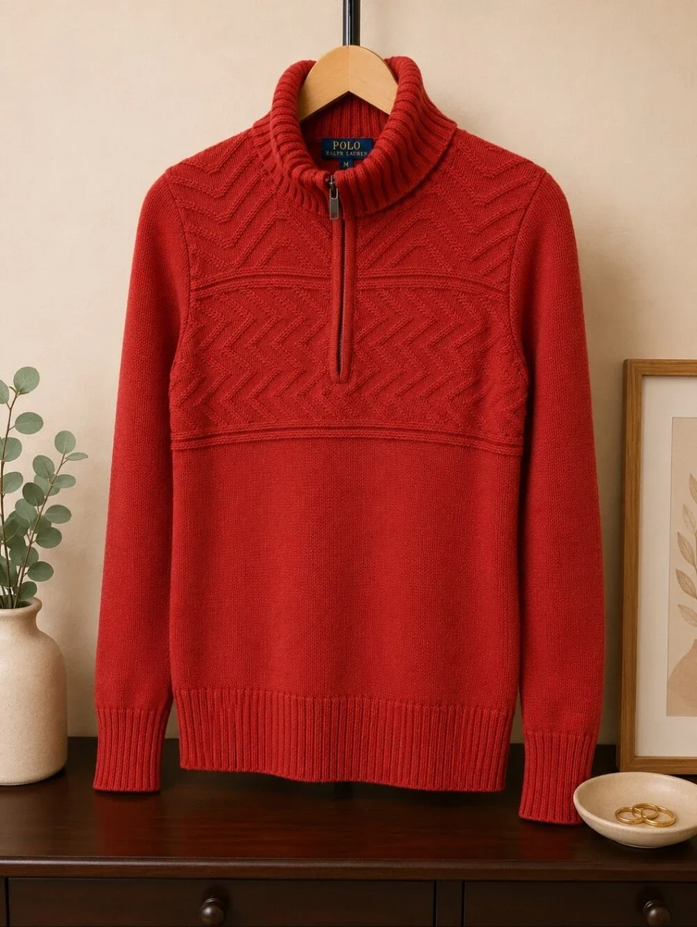 Vintage Polo Ralph Lauren Mens Red Cotton Quarter Zip Sweater Medium Flag Back